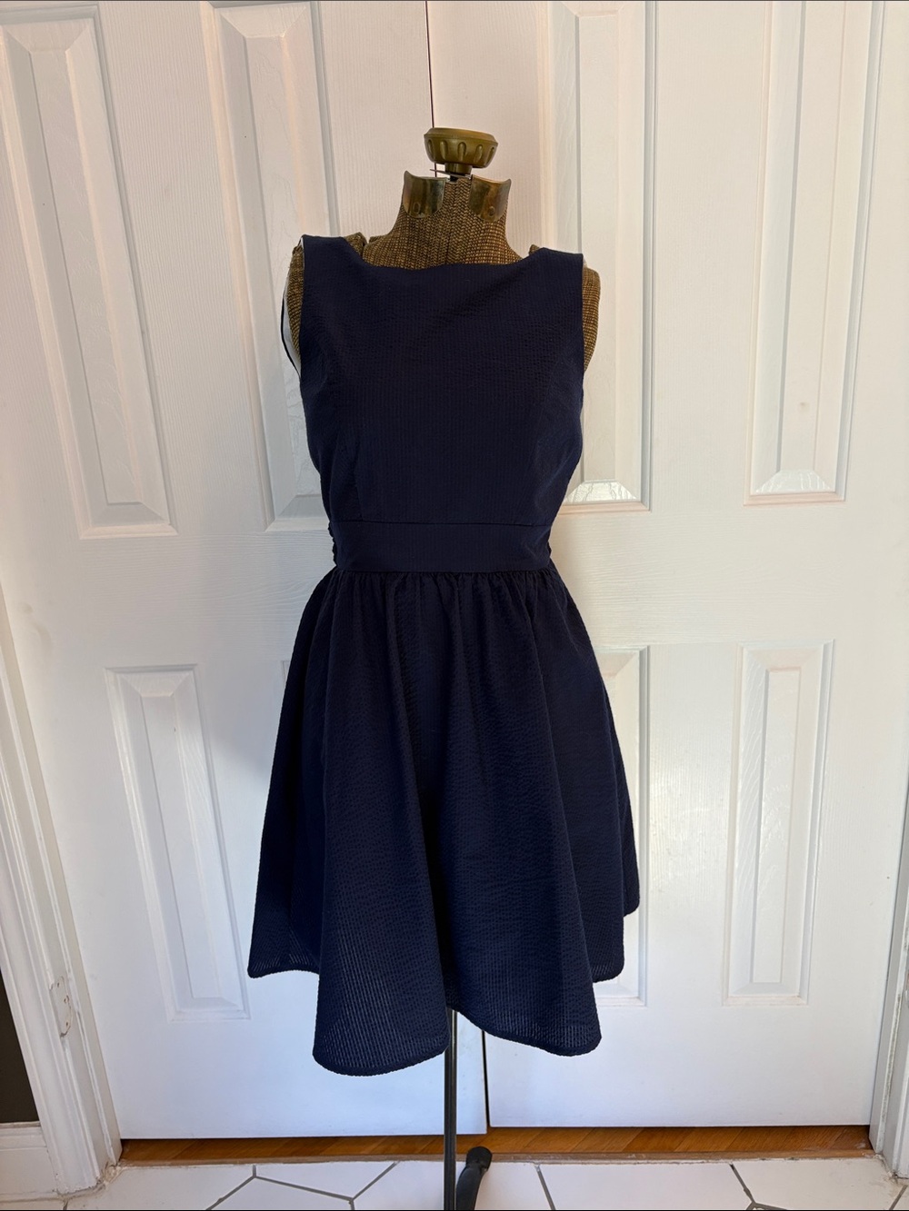 Lauren James Emerson Navy Blue Seersucker Back Bow Dress Size XS